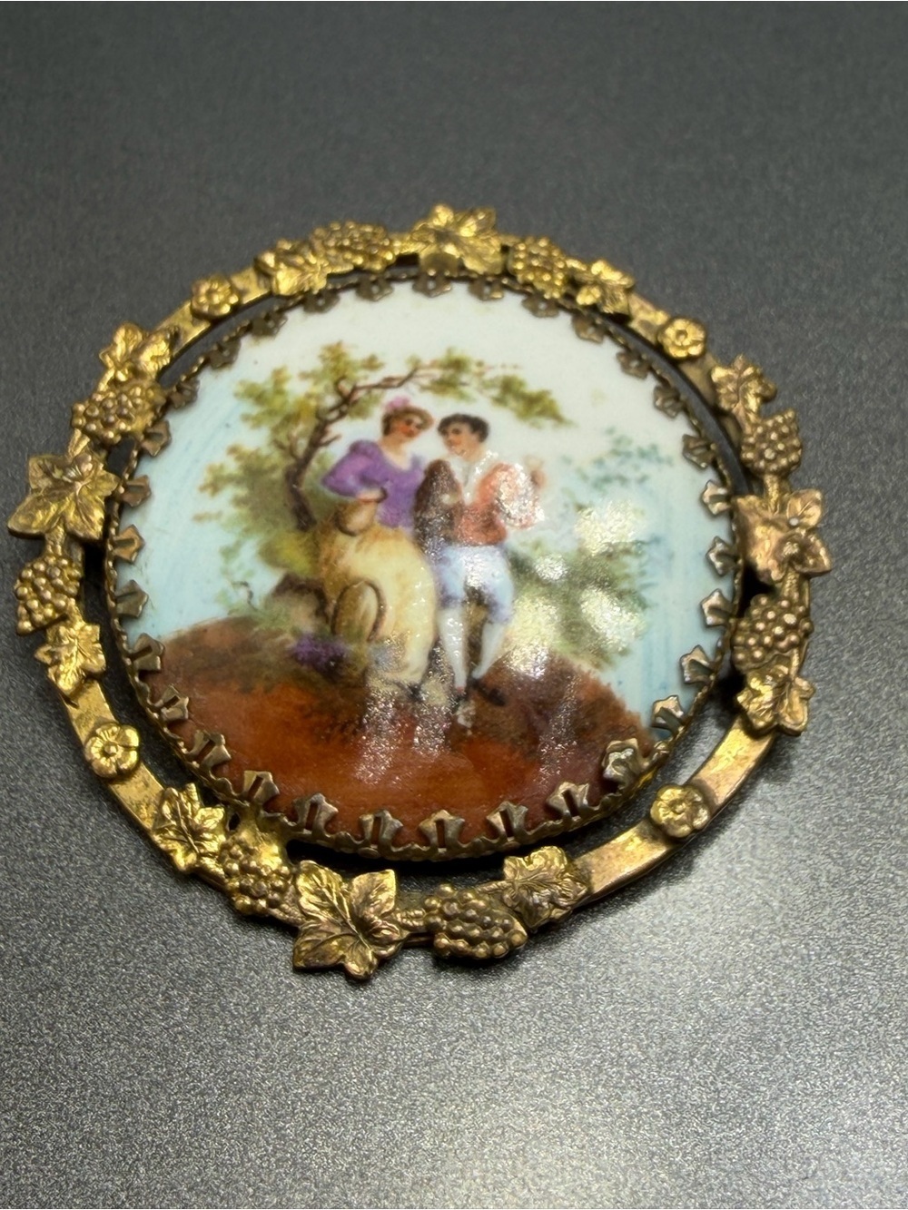 Vintage Limoges Portrait Brooch with Gilded Frame #p06